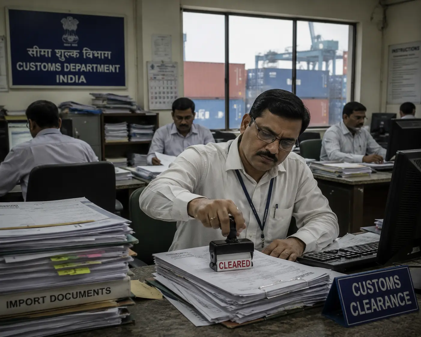 An Indian Customs Department officer stamping import documents as cleared, with stacks of shipping paperwork and port containers in the background