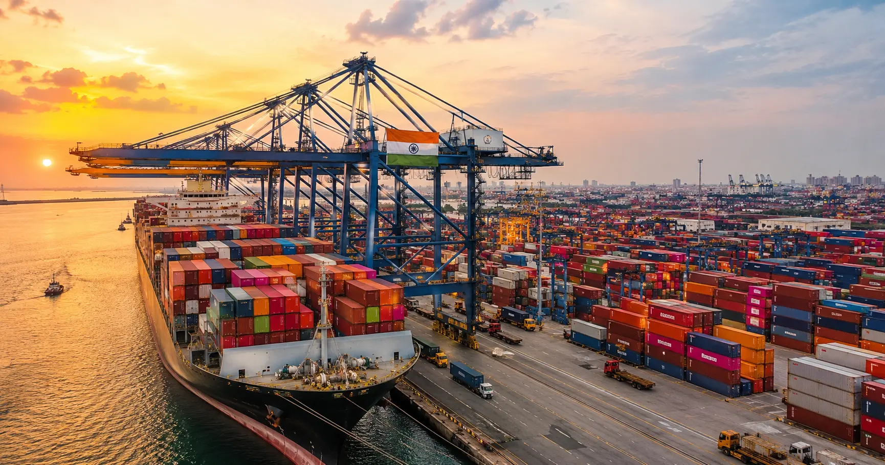 Indian export cargo containers and a container ship at a major shipping port at sunset, 2026