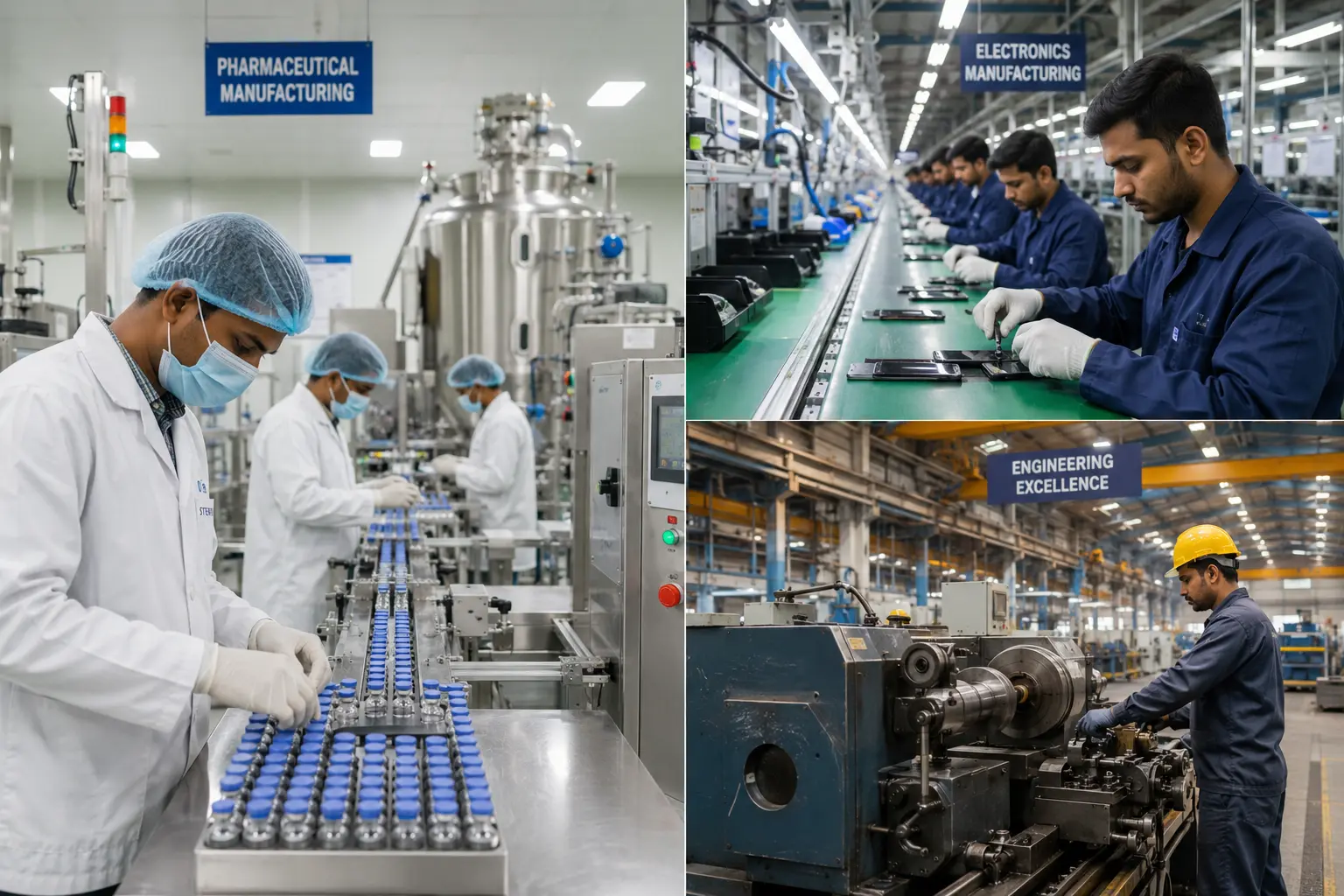 India's major export industries: pharmaceutical manufacturing, electronics assembly line, and engineering machinery workshop