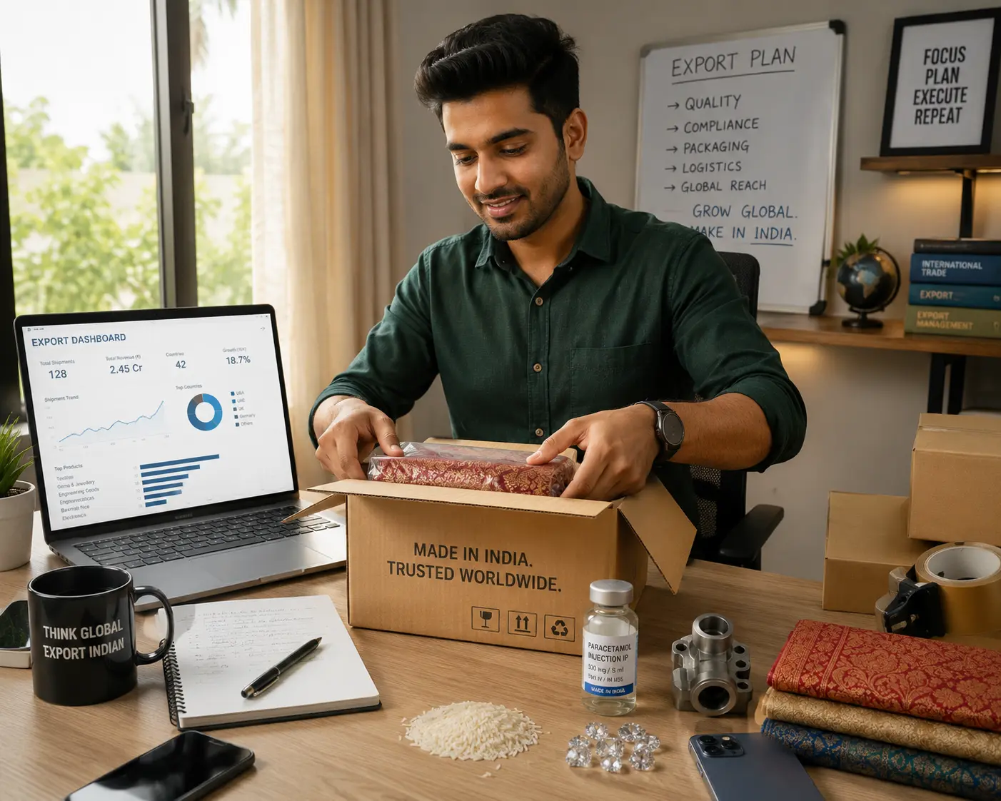 A young Indian entrepreneur starting an export business from a home office, packing a Made in India shipment box with an export dashboard on the laptop