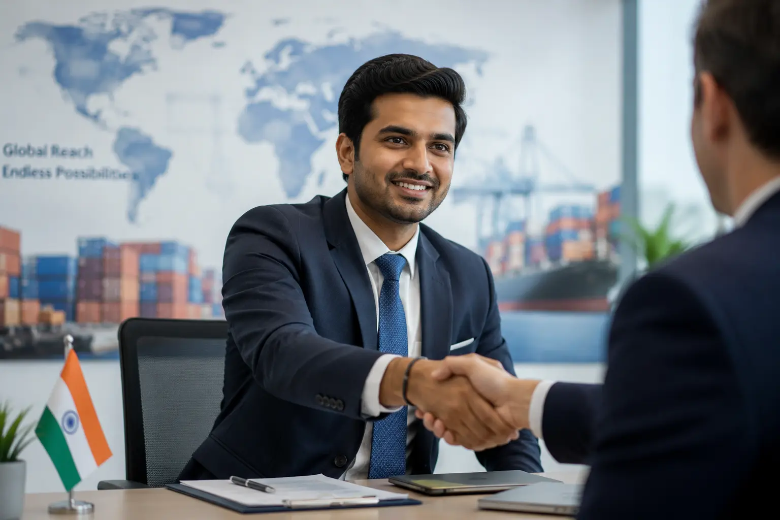 A successful Indian exporter in a suit shaking hands on a global trade deal, with a world map and shipping port in the background