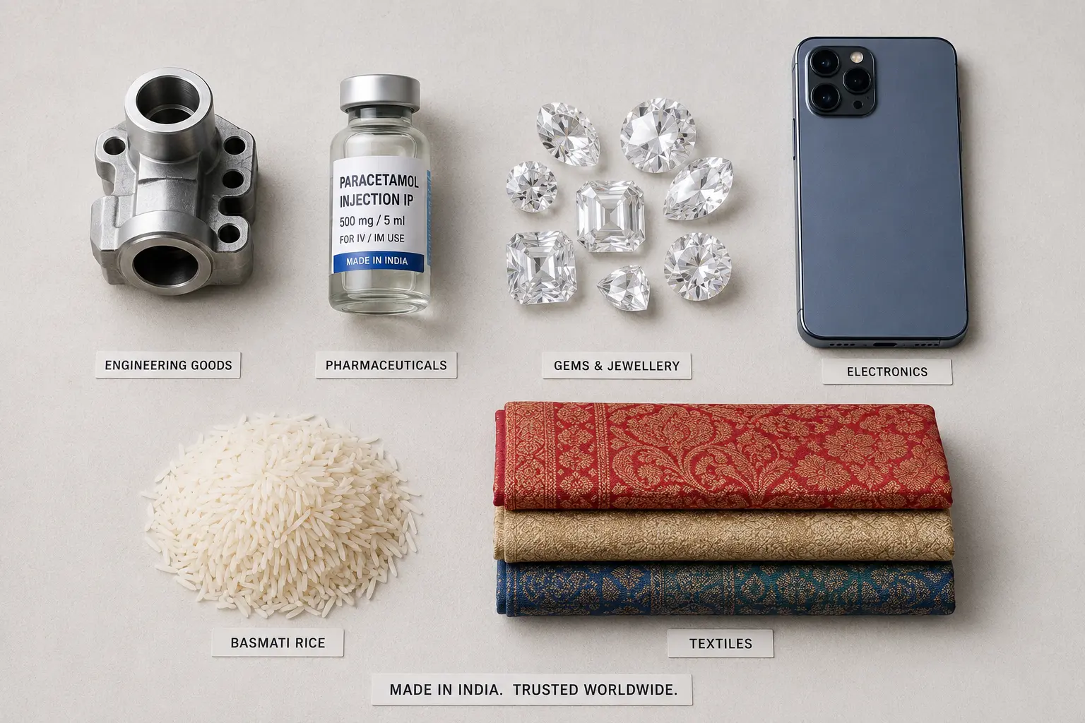 Top products exported from India labelled: engineering goods, pharmaceuticals, gems and jewellery, electronics, basmati rice and textiles